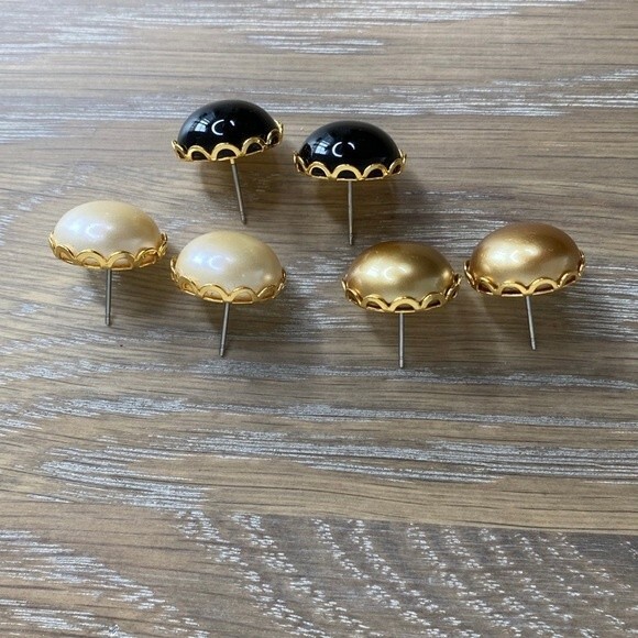 Faux Pearl Button Pierced Earrings Set of 3 in Gold, Cream & Black - Picture 6 of 11